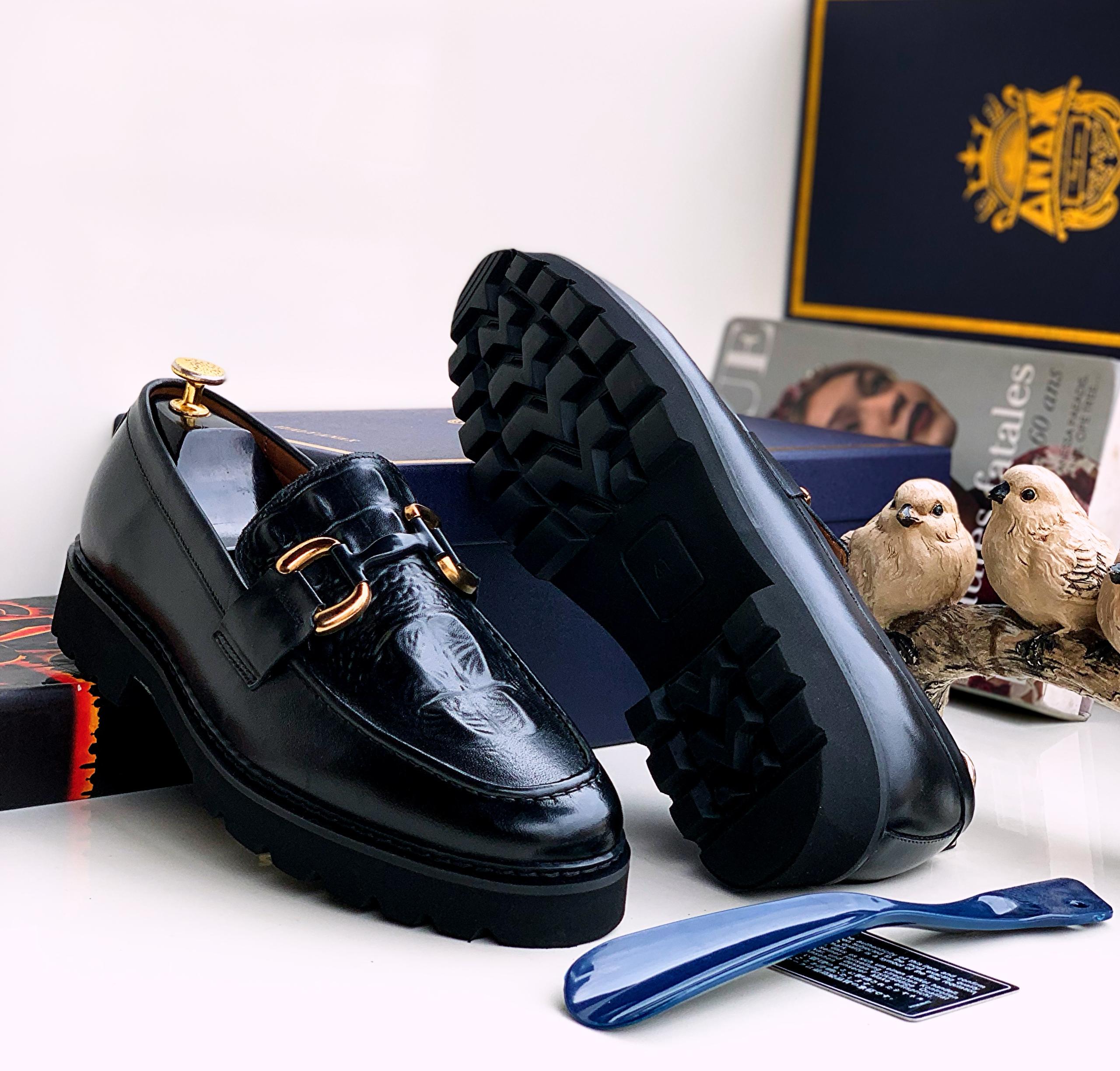 Men Scale Leather Italian Loafers Shoe - Black